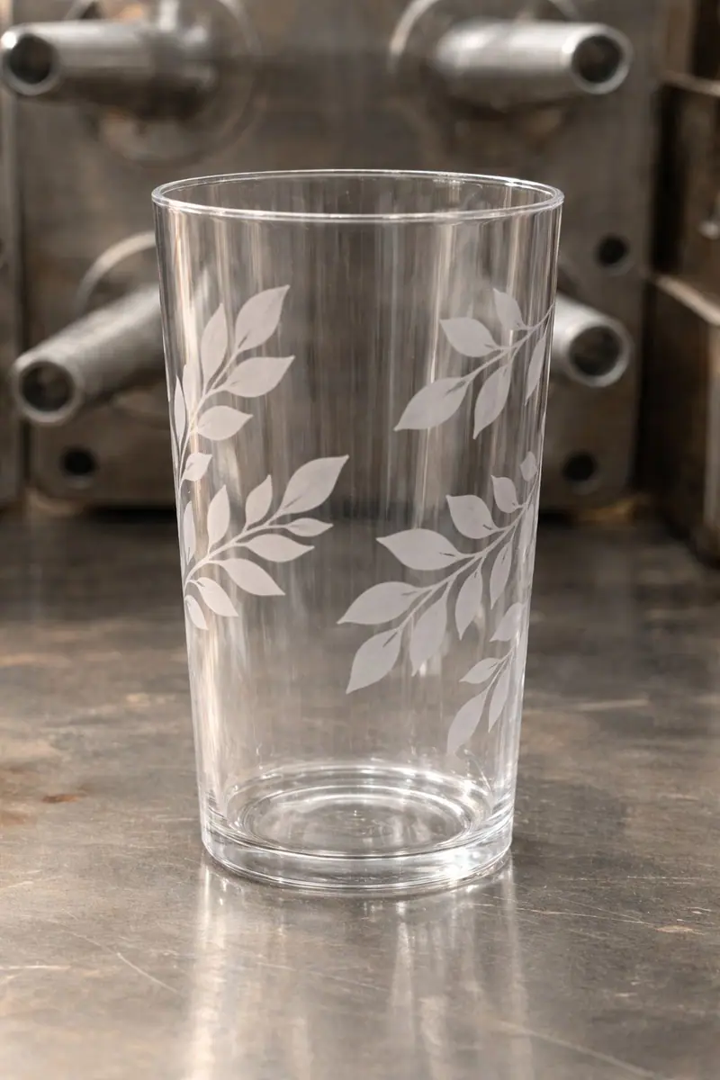 Pieza plástica producida por el molde para un vaso decorado